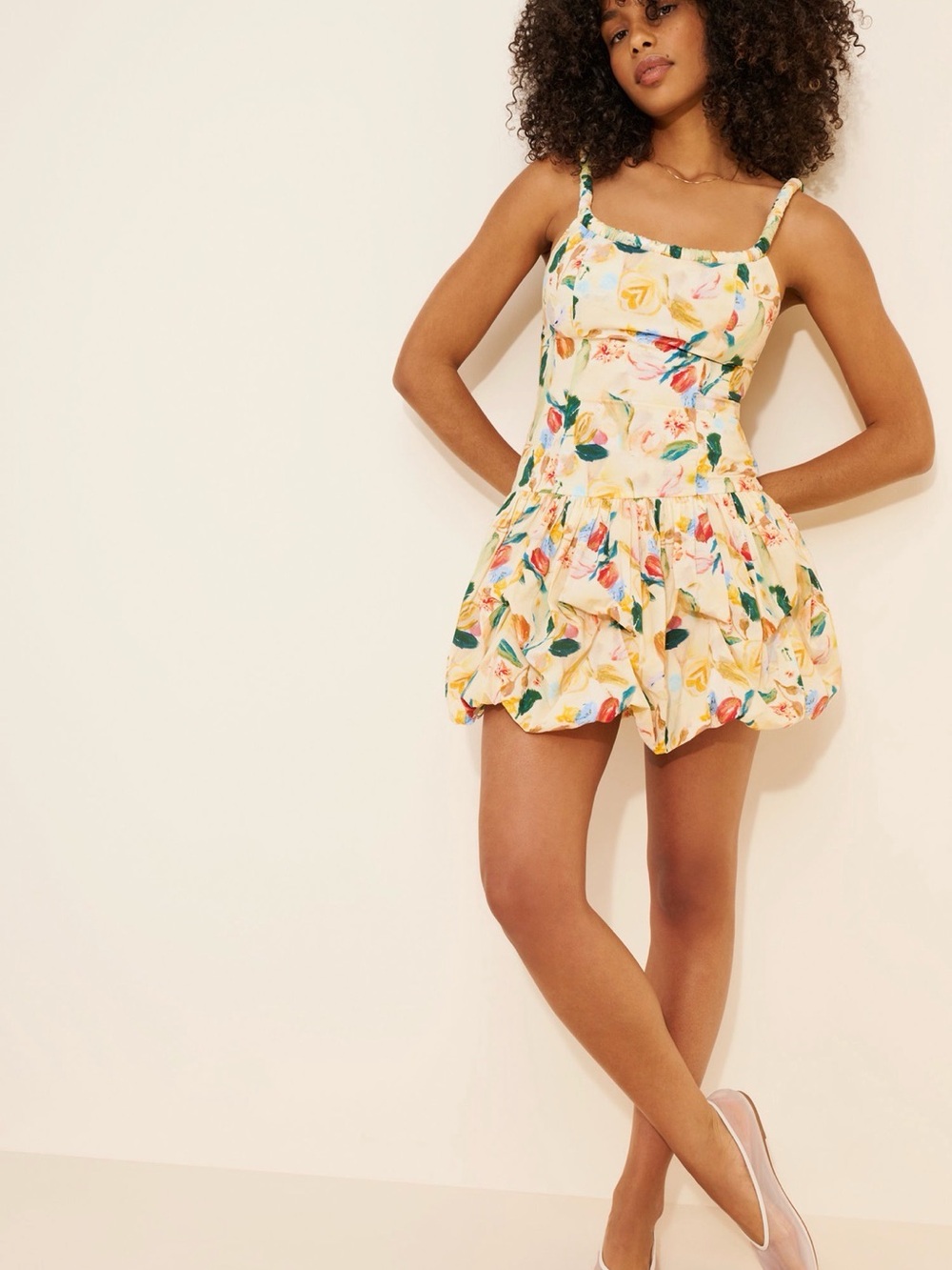 Astr Yellow Floral Bubble Mini Dress with Spaghetti Straps